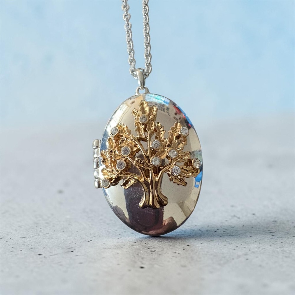Avon My Why Tree of Life Locket Necklace Silver Gold Tone Crystal Oval Pendant